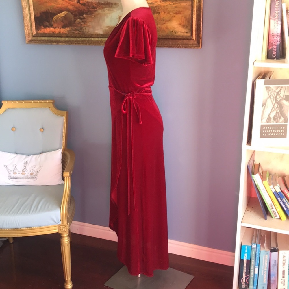 BHLDN red velvet short sleeves asymmetric wrap dress witchy goth fairy holidays - Picture 3 of 15